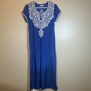Sulu Collection Blue Embroidered Beaded Tunic Midi Dress Womens 4 Floral Boho